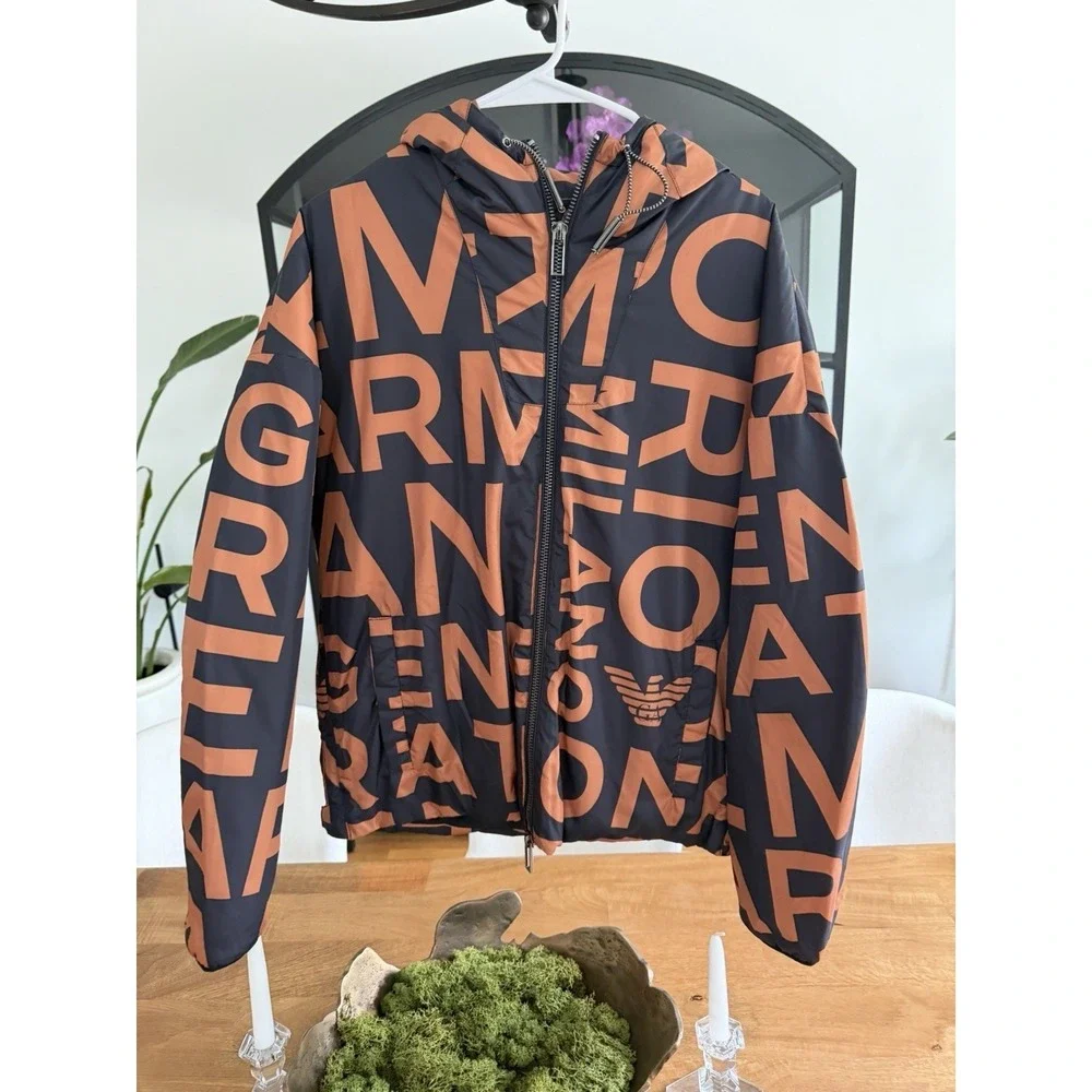 Emporio Armani Black with Orange Lettering Size 50 - NEW Authentic Puffy Jacket - Picture 2 of 7